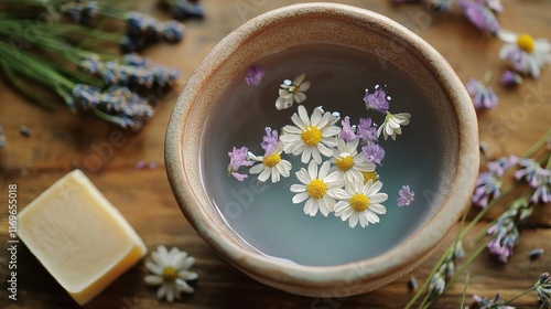 ceramic basin filled with warm water infused with chamomile and lavender photo