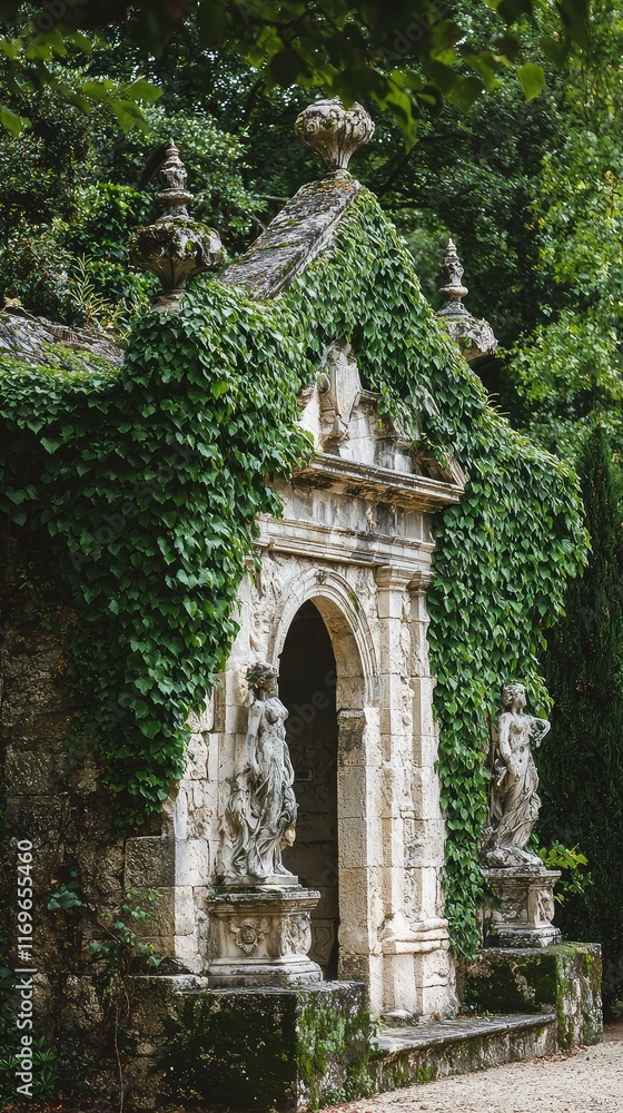 Elegant Stone Archway with Lush Green Ivy in a Tranquil Garden Elegant Stone Archway with Lush Green Ivy in a Tranquil Garden