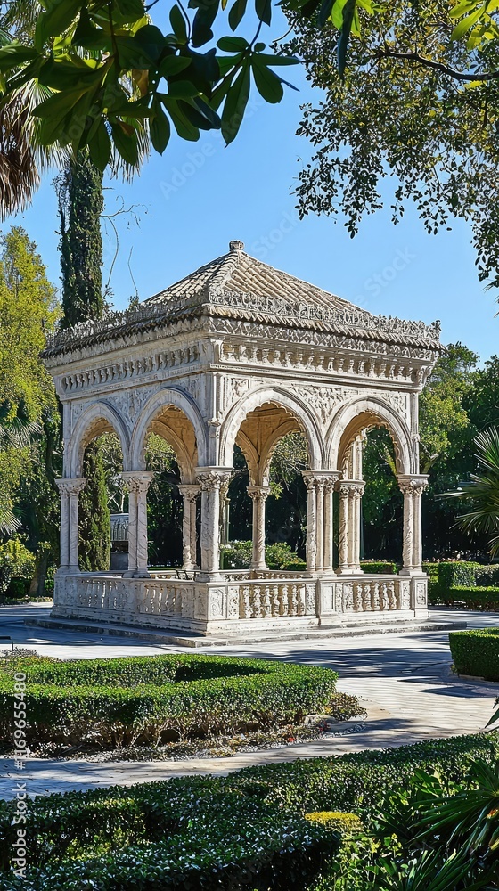 Fototapeta premium Ornate Pavilion Surrounded by Lush Greenery in Sunny Park Setting