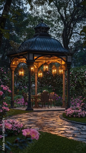 Cozy Garden Gazebo Illuminated by Lanterns in Evening Glow