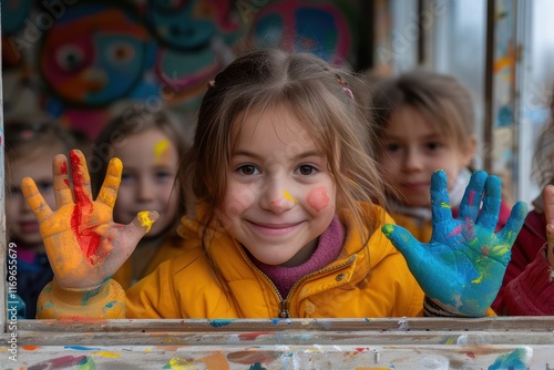 A Joyful Young Artist with PaintStained Hands Expresses Their Creative Passion Delightfully photo