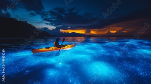 A lone kayaker paddling through a vibrant bioluminescent bay at night, water glowing blue