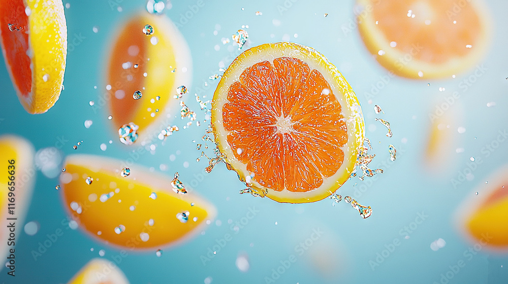 A close-up of a half-cut grapefruit with water drops on top A close-up of a half-cut grapefruit with water drops on top