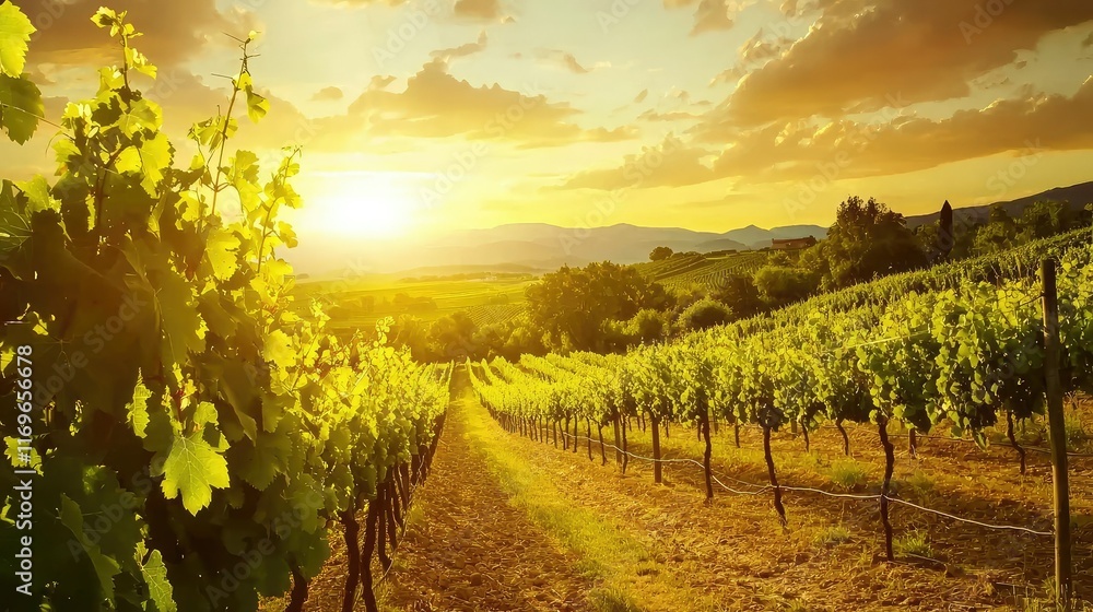 Naklejka premium Sunset Over Vineyard Landscape with Green Grapes and Mountains