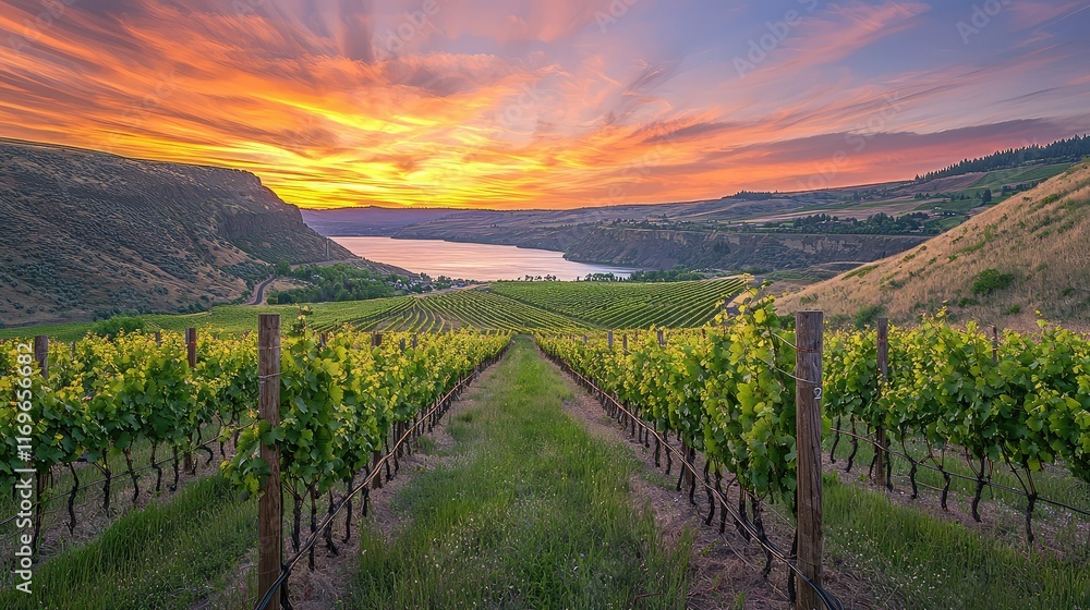 Naklejka premium Breathtaking Sunset Over Scenic Vineyard Landscape with Water View