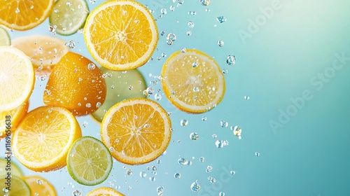   A batch of lemons and limes bob in blue water with bubbles against a backdrop of blue and green