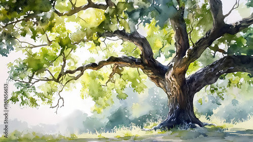 Detailed watercolor painting of a majestic oak tree with sprawling branches and lush foliage isolated on a clean white background serene natural forest scenery. Sylvan. Illustration