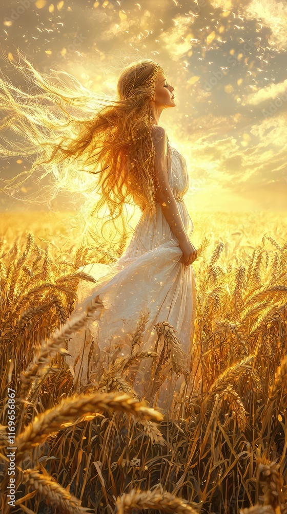 custom made wallpaper toronto digitalEthereal Woman in Flowing White Dress in Golden Wheat Field at Sunset