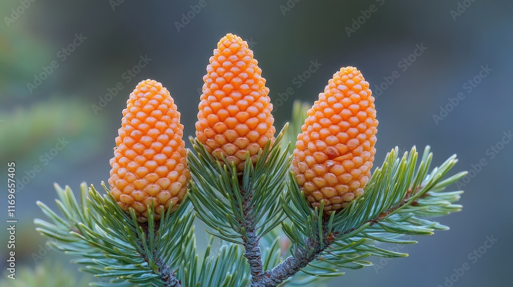 Three young orange pine cones on a branch. Three young orange pine cones on a branch.