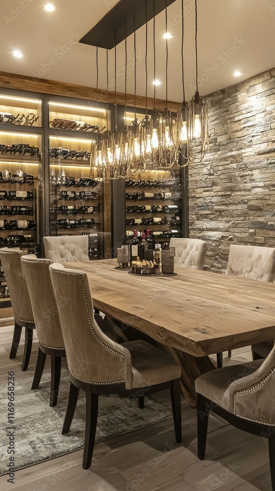Elegant dining room with wine storage and modern lighting design Elegant dining room with wine storage and modern lighting design