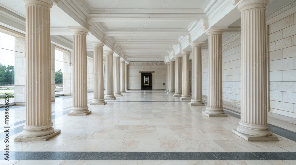 Elegant Interior of a Grand Hallway with Tall Columns and Marble Flooring Bathed in Natural Light Creating a Serene Atmosphere for Visitors Elegant Interior of a Grand Hallway with Tall Columns and Marble Flooring Bathed in Natural Light Creating a Serene Atmosphere for Visitors