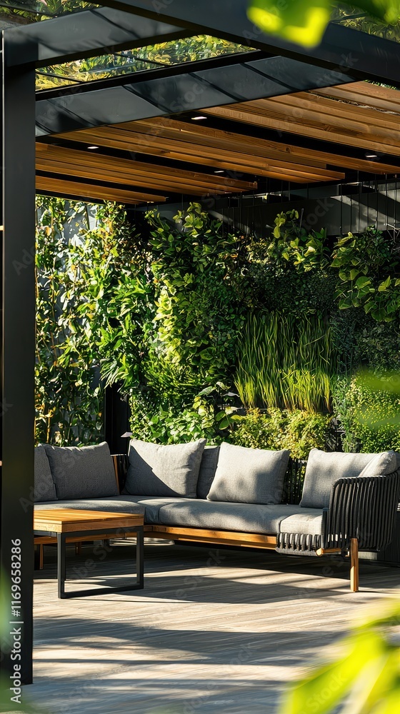 Fototapeta premium Modern outdoor lounge area with lush vertical garden and seating