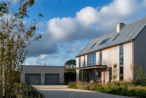 Wallpaper Mural A contemporary wooden house featuring expansive windows is beautifully complemented by lush landscaping, all set against a tranquil blue sky in a peaceful rural environment Torontodigital.ca