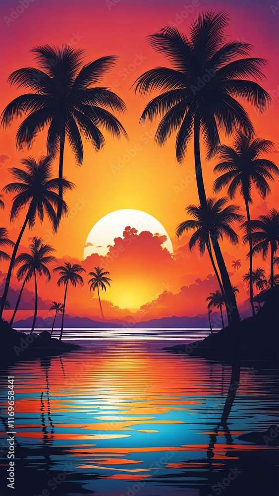 Obraz premium Enchanting tropical scene with vivid sunset colors, silhouetted palm trees along peaceful coastline, mountains in background, perfect for promoting vacation, adventure, and escape themes.