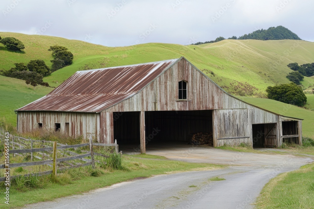 A solitary rustic barn is nestled along a winding road, surrounded by vibrant green hills, all beneath a blanket of overcast skies, creating a serene rural scene A solitary rustic barn is nestled along a winding road, surrounded by vibrant green hills, all beneath a blanket of overcast skies, creating a serene rural scene