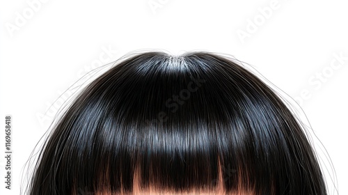 Close-up of straight black hair with blunt bangs against a white background. photo