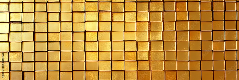 Fototapeta premium gradient golden tile mosaic pattern design background or overlay in panoramic style, a grid of shiny tiles with subtle variations in texture and sheen