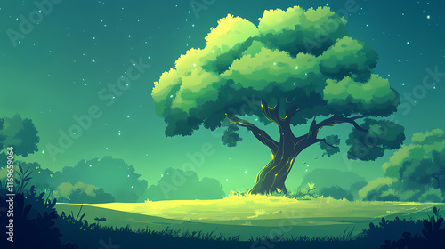 A glowing green tree stands majestically amidst the lush greenery of nature. Sylvan. Illustration
