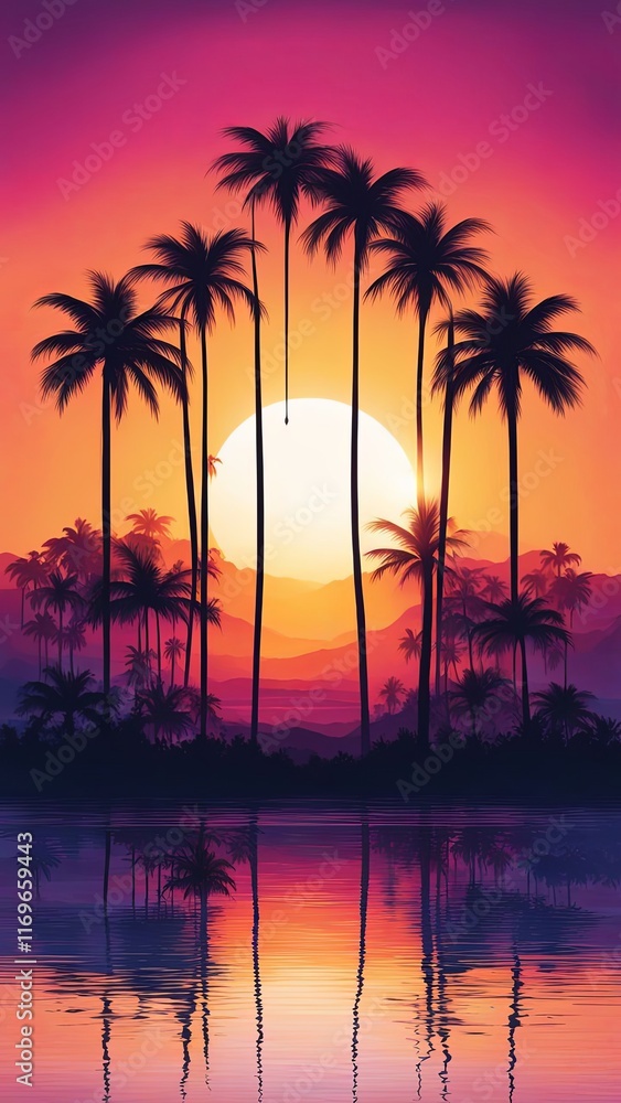 Obraz premium Dramatic sunset illuminating tranquil bay, palm trees swaying gently, vibrant colors reflecting on calm waters, ideal for lifestyle, travel, relaxation visuals, evoking sense of peace and adventure.