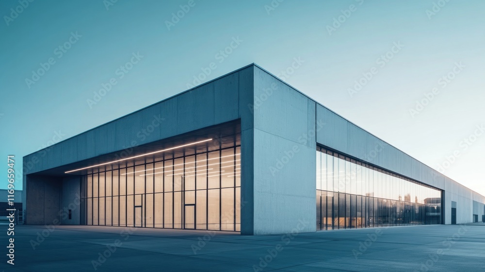 Modern concrete building with large glass windows at dusk. Modern concrete building with large glass windows at dusk.