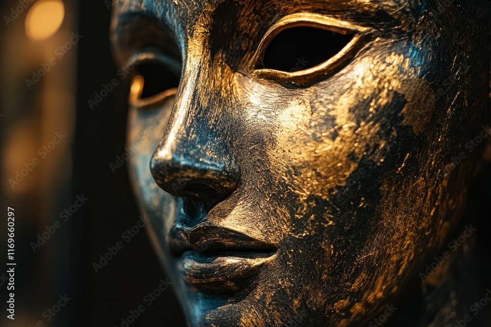 Golden-hued mask, textured surface, enigmatic face. Golden-hued mask, textured surface, enigmatic face.