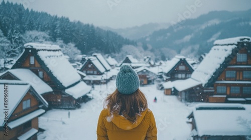 Winter Wonderland in Shirakawa-go: A Woman Gazes Upon a Snowy Village photo