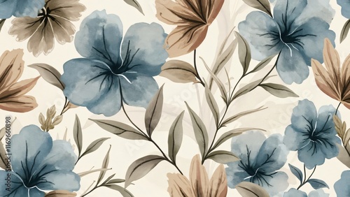 Elegant Watercolor Floral Seamless Pattern Dusty Blue Brown Flowers