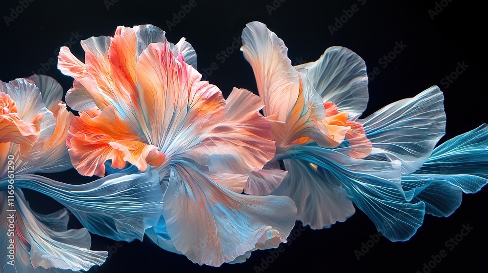 Underwater blooms with vibrant colors and flowing blue tails on dark background Underwater blooms with vibrant colors and flowing blue tails on dark background