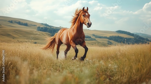 Wallpaper Mural Horse galloping across a field, mane flowing in the wind, natural landscape with green hills, sense of freedom and power Torontodigital.ca