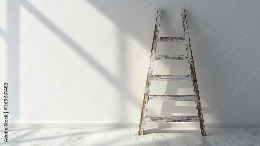 Ladder standing against a white wall, clean and minimalist background, ready for a home renovation or painting project Ladder standing against a white wall, clean and minimalist background, ready for a home renovation or painting project