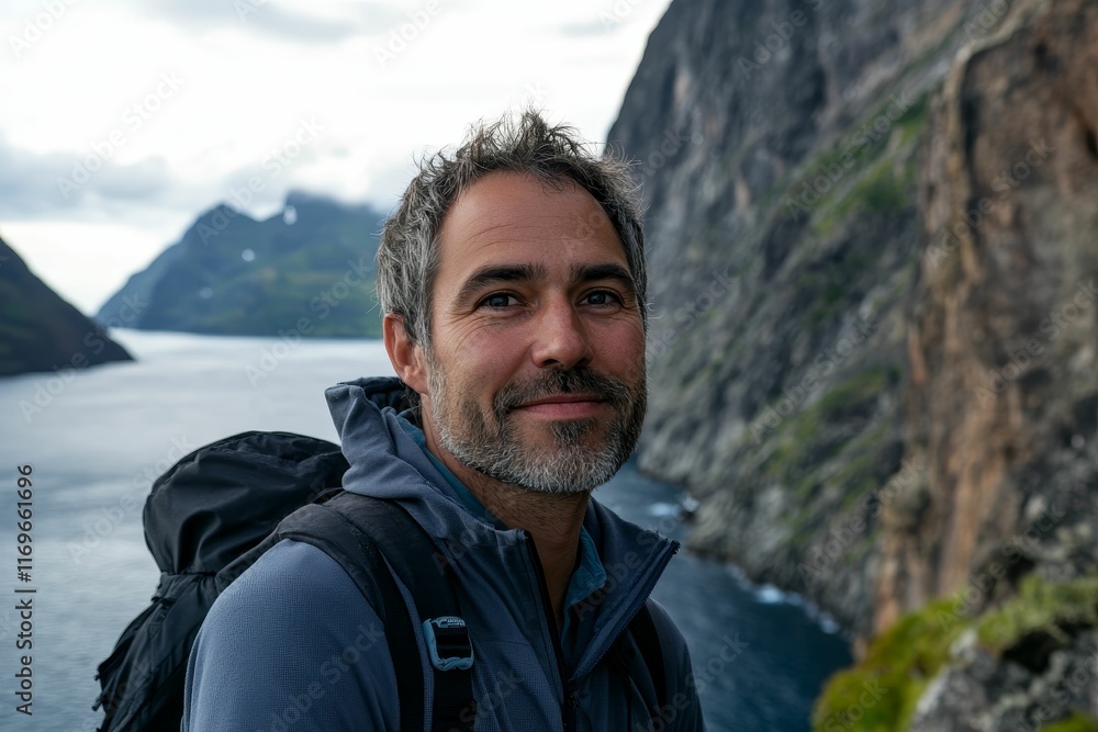Smiling man, backpack, coastal mountainscape. Smiling man, backpack, coastal mountainscape.