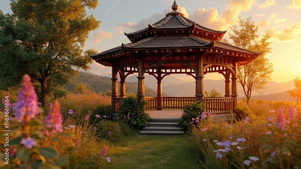 Serene Sunset View from Wooden Gazebo in Blooming Garden Serene Sunset View from Wooden Gazebo in Blooming Garden