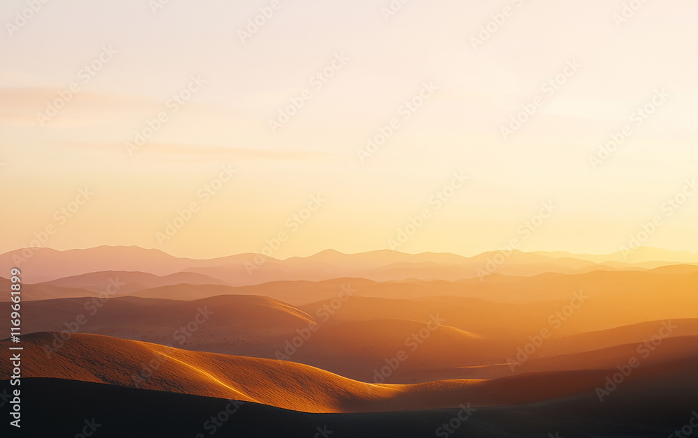 Sunset over a desert landscape with golden sand dunes glowing in warm light, a clear sky with soft gradient colors, sharp and detailed, capturing nature's beauty.
Sunset over a desert landscape with golden sand dunes glowing in warm light, a clear sky with soft gradient colors, sharp and detailed, capturing nature's beauty.