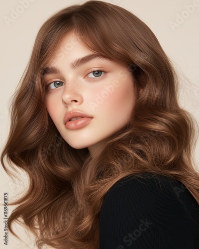 Wallpaper Mural A woman with long brown hair, baby bangs and natural makeup Torontodigital.ca