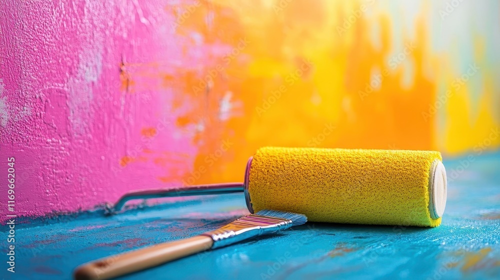 Obraz premium Paint roller and brush resting on a tray, ready for a painting project, bright splashes of color on the wall behind, home renovation scene