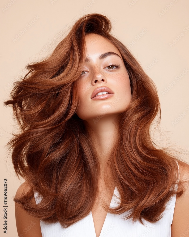 Fototapeta premium A beautiful woman with shiny, wavy, brown hair