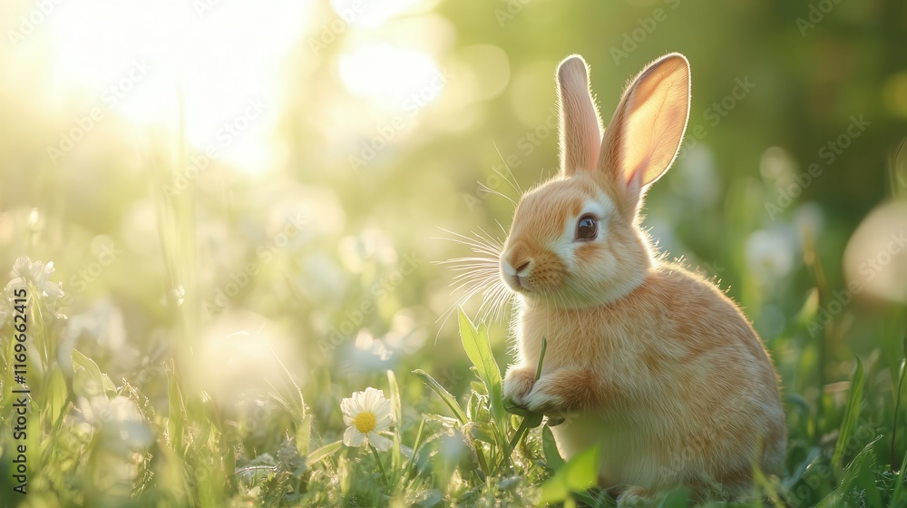 Rabbit nibbling on fresh grass in a meadow, soft sunlight highlighting fur, calm and peaceful nature scene