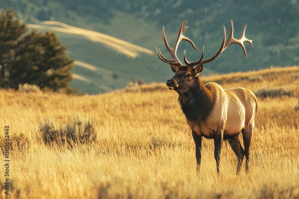 Large-antlered elk stands in golden meadow. Large-antlered elk stands in golden meadow.
