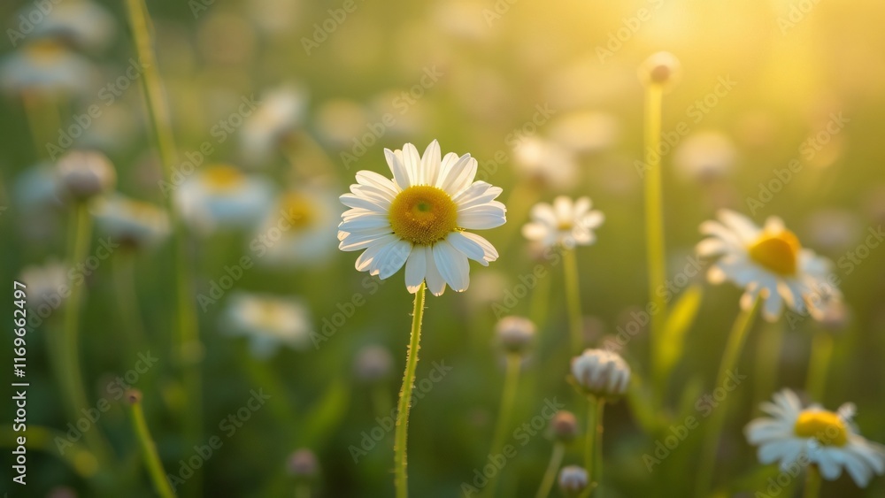 Golden Hour Daisies Field, Blooming White Flowers in Sunset Light Golden Hour Daisies Field, Blooming White Flowers in Sunset Light