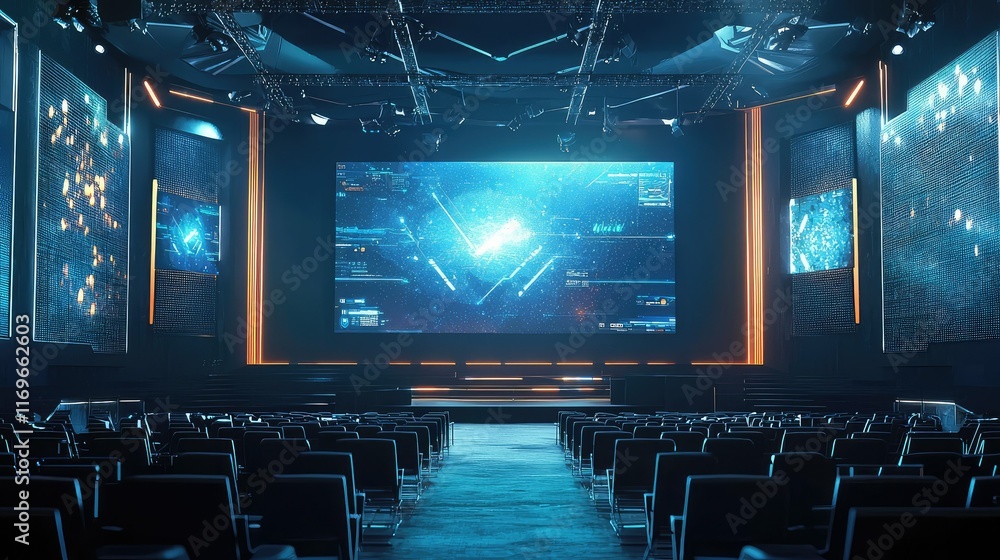 Modern Conference Hall with High-tech Screens and Seating Arrangements Modern Conference Hall with High-tech Screens and Seating Arrangements