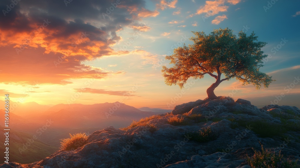 Naklejka premium A solitary tree stands proudly on a rocky outcrop as a breathtaking sunset paints the sky in hues of orange and pink. Soft clouds add beauty to the tranquil landscape