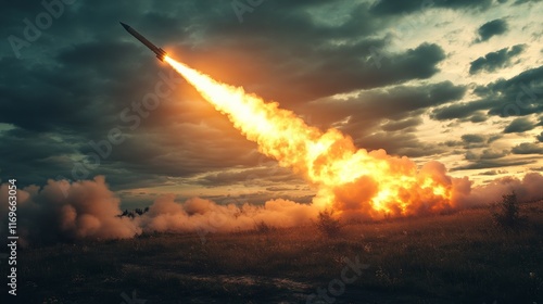 A missile is launched against a breathtaking dusky sky filled with clouds. The fiery trail illuminates the scene as smoke billows below, creating a powerful visual impact