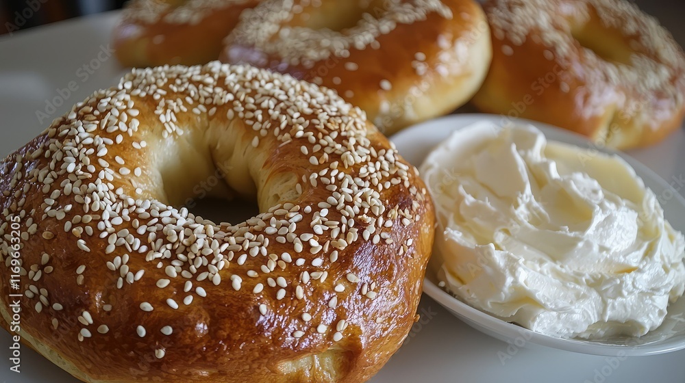 Freshly Baked Bagels with Cream Cheese on a White Plate Freshly Baked Bagels with Cream Cheese on a White Plate