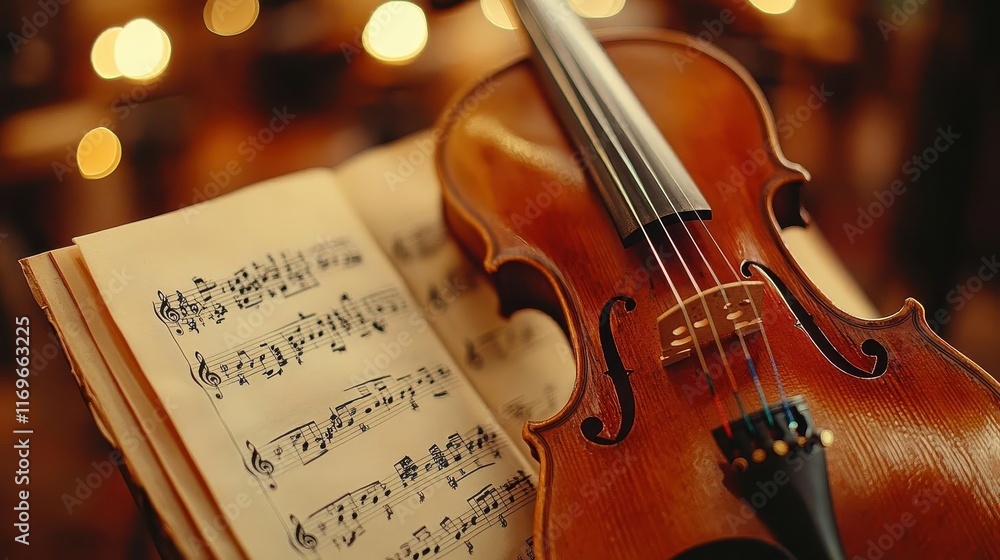 Fototapeta premium Violin with bow resting on sheet music, classical instrument in focus, warm and elegant setting, soft lighting