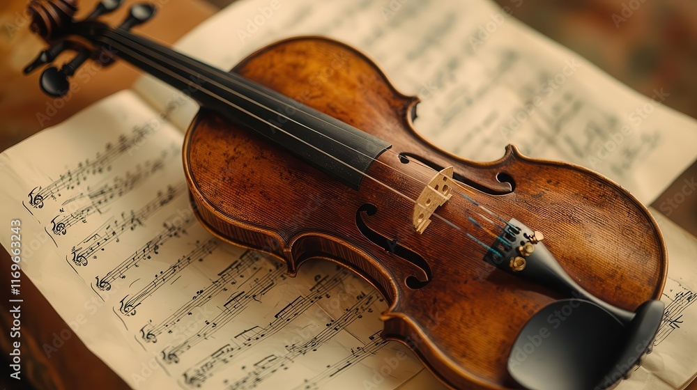 Fototapeta premium Violin with bow resting on sheet music, classical instrument in focus, warm and elegant setting, soft lighting