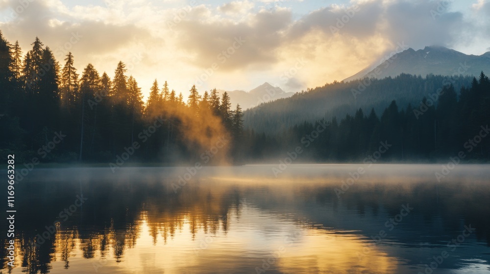 Fototapeta premium A tranquil lake reflects the soft colors of sunrise surrounded by a misty atmosphere. Tall pine trees and majestic mountains frame the peaceful scene, evoking calmness