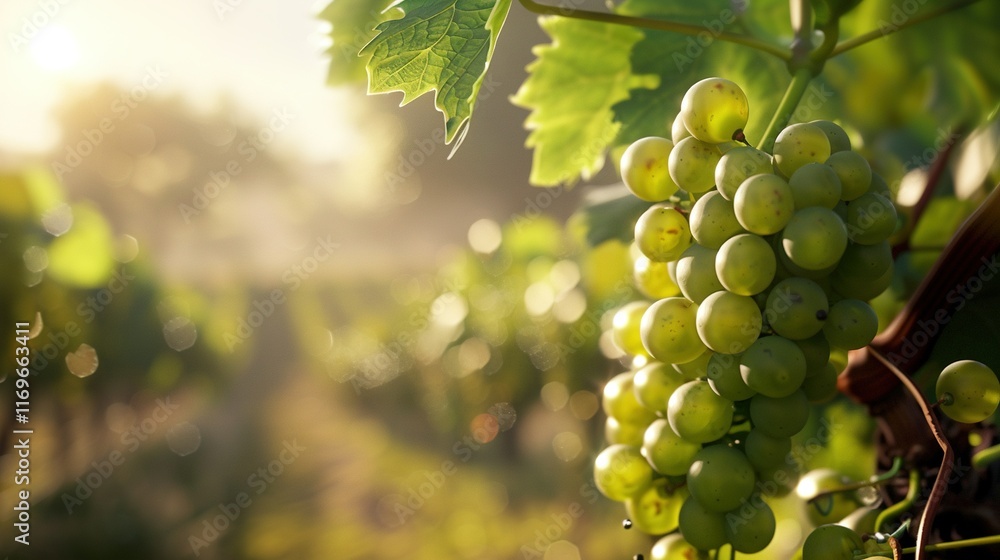 Vineyard with green grapes hanging from vines, bathed in sunlight filtering through leafy canopy Vineyard with green grapes hanging from vines, bathed in sunlight filtering through leafy canopy