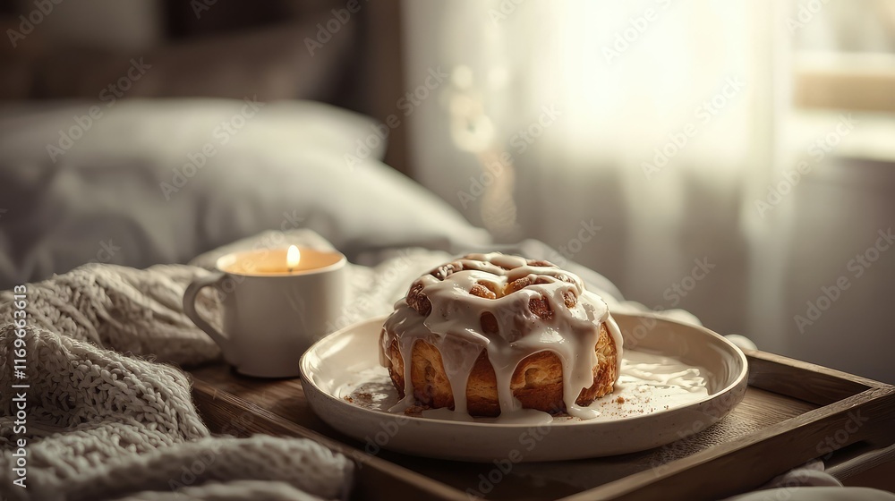 Warm Cinnamon Roll on Tray with Coffee and Cozy Blanket by Window Warm Cinnamon Roll on Tray with Coffee and Cozy Blanket by Window