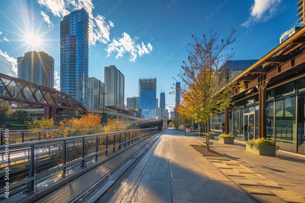 Obraz premium A city street with a bridge and a sidewalk