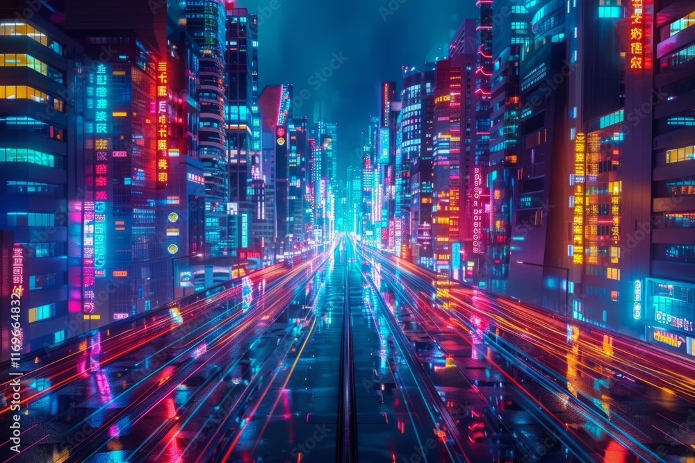 Fototapeta premium The cityscape transforms at night, as neon lights cast a vibrant glow, illuminating the urban landscape and creating a mesmerizing spectacle